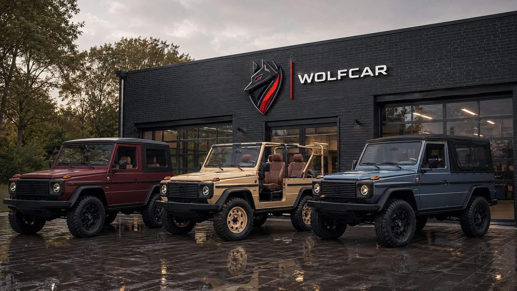Three WOLFCAR builds in different colours in front of the manufaktur