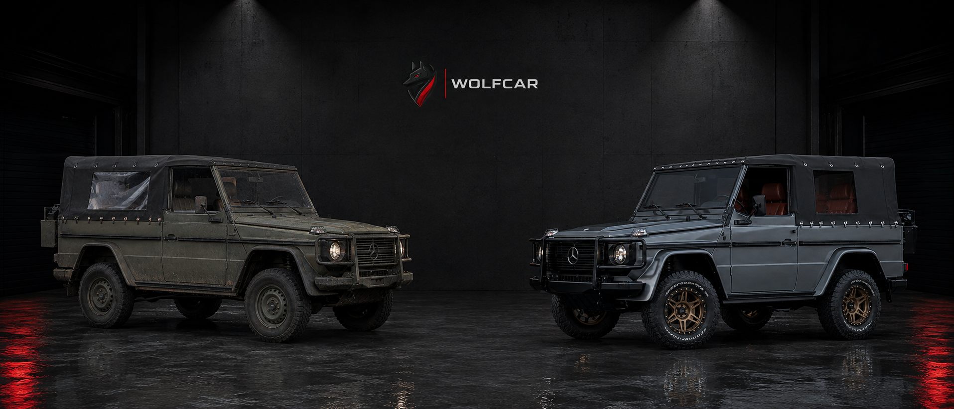 Original condition WOLF next to finished WOLFCAR restomod in the studio