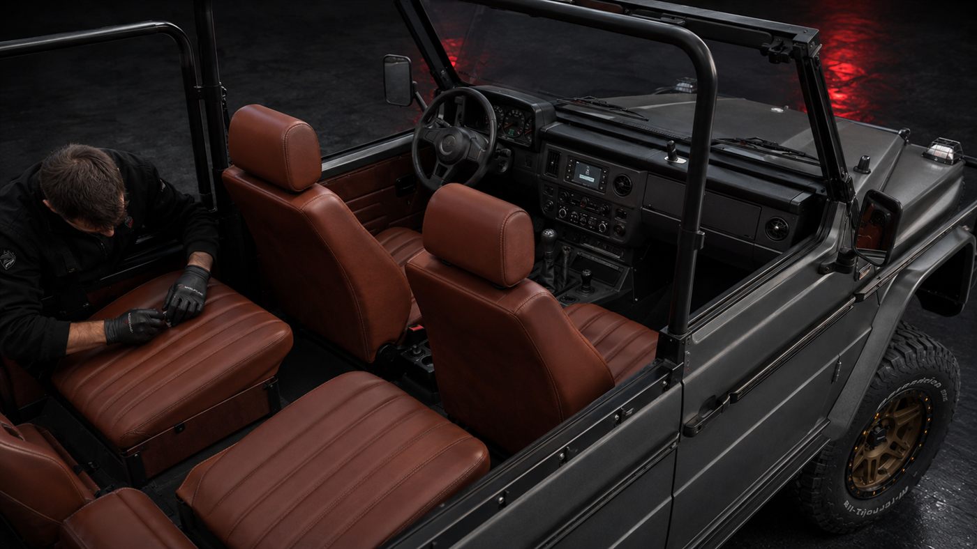 Hand-finished leather interior of a WOLF